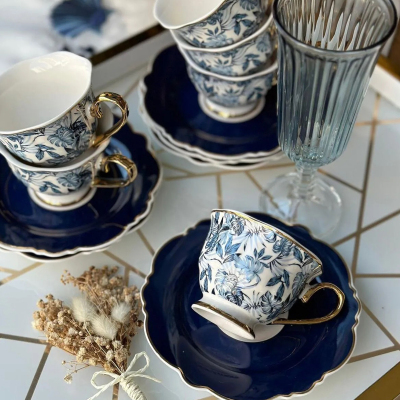 Arow Blue Leaf 6 Kişilik Türk Kahve Fincan Takımı 100 ml - AROW