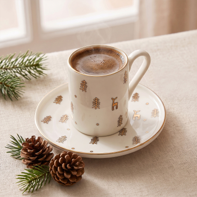 Aryıldız New Year Deer 2 Parça Tek Kişilik Kahve Fincan Takımı 90 ml - ARYILDIZ
