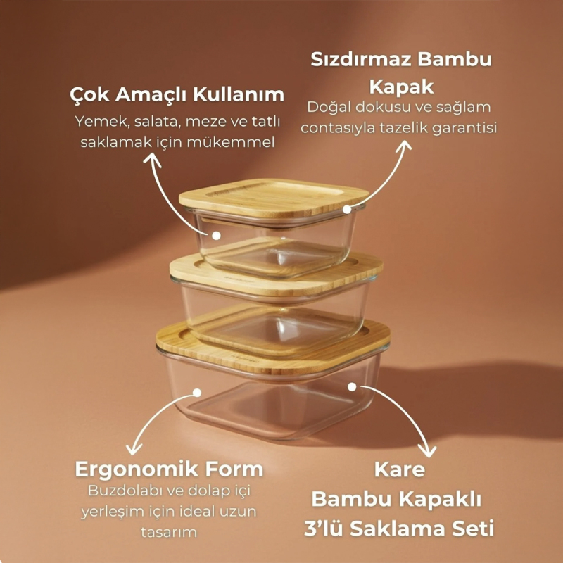 Bambum Lavi Kare 3 Parça Saklama Kabı Seti - 1