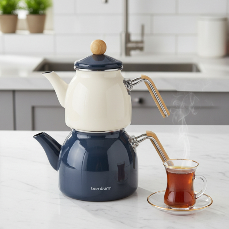 Bambum Nostalji Ahşap Kulplu Çaydanlık Gri - 1