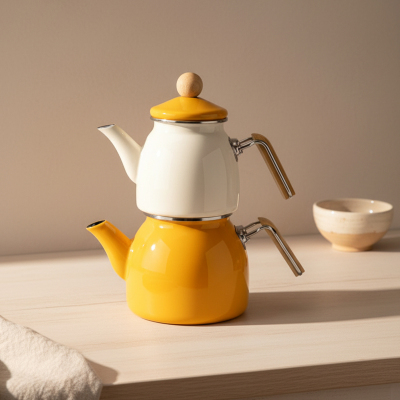 Bambum Nostalji Ahşap Kulplu Çaydanlık Hardal - BAMBUM