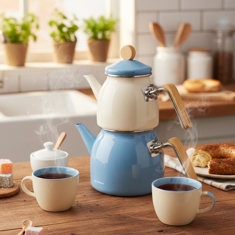 Bambum Nostalji Ahşap Kulplu Çaydanlık Mavi - 1