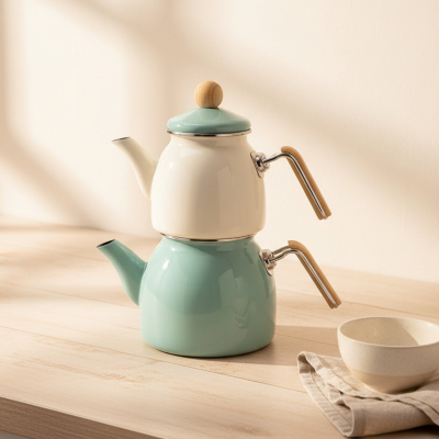 Bambum Nostalji Ahşap Kulplu Çaydanlık Yeşil - BAMBUM