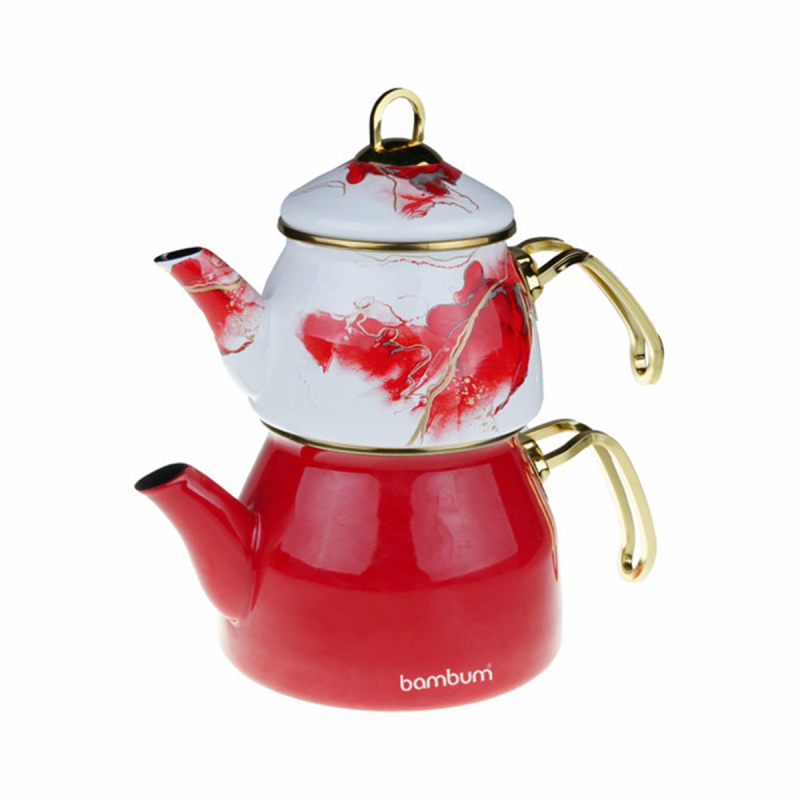 Bambum Taşev Smoky Emaye Caydanlık Takım Kırmızı - 1