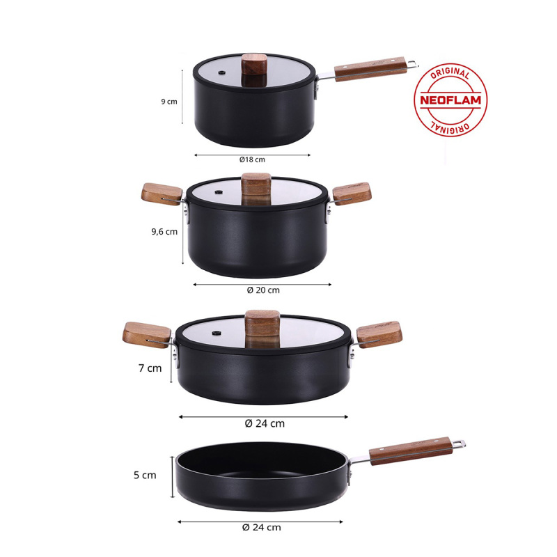 Neoflam Bien Black 7 Parça İndüksiyonlu Tencere Tava Seti Akasya Ağacı Sap ve Kulplu - 3