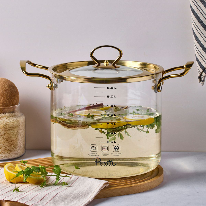 Perotti Logan Gold Kapaklı Cam Tencere 5,5 L 20x20 cm - 1