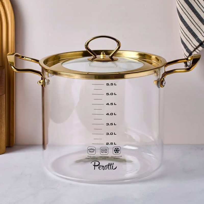 Perotti Logan Gold Kapaklı Cam Tencere 5,5 L 20x20 cm - 4