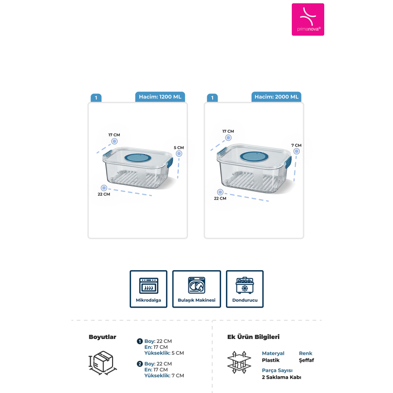 Primanova Royal Seoul Buzdolabı Saklama Kapları 1200+2000 ml 2'li Set - 2