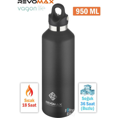 Revomax Paslanmaz Çelik Vakumlu Matara Siyah 950 ml - REVOMAX