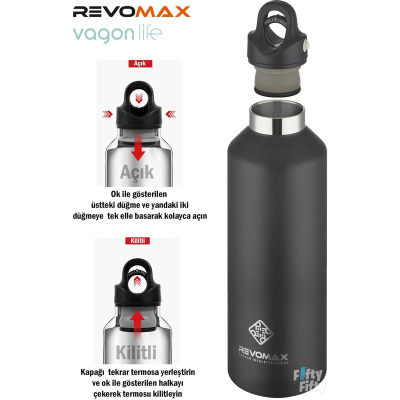 Revomax Paslanmaz Çelik Vakumlu Matara Siyah 950 ml - 2