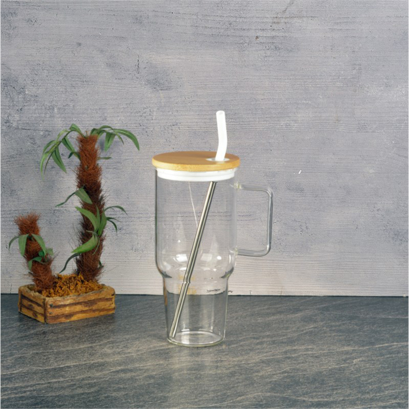 Tohana Maxi Bambu Kapaklı Cam Kupa 1000 ml - 1