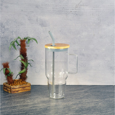 Tohana Maxi Bambu Kapaklı Cam Kupa Gri 1000 ml - TOHANA